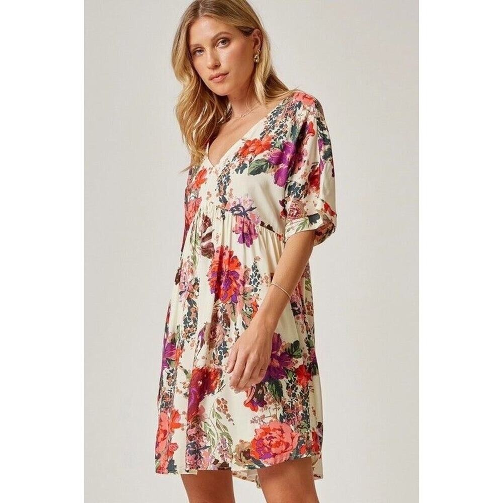 Andrée By Unit Plus Sz 3X Verena Floral Dress Short Sleeve V-Neck Boho Lined NEW